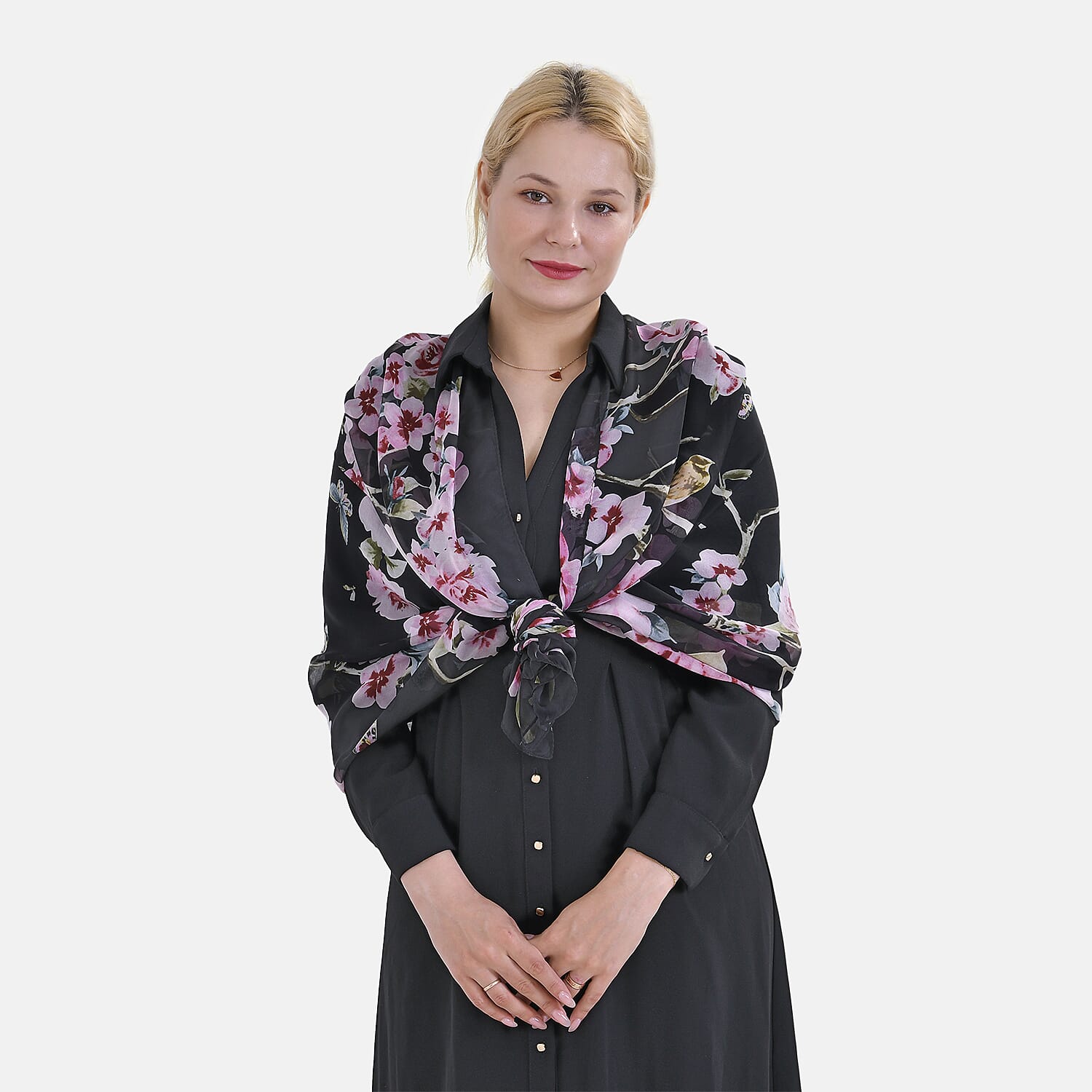 La Marey Mulberry Silk Flower Scarf (Size 175x1 cm) - Blue & Multicolor