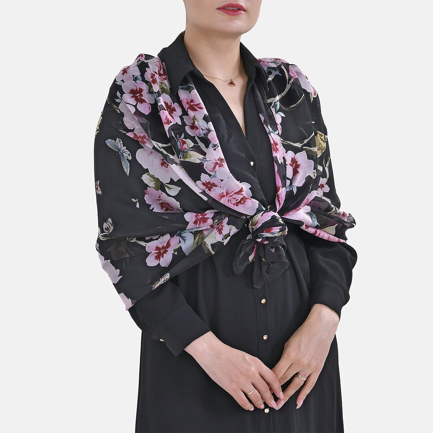 La Marey Mulberry Silk Flower Scarf (Size 175x1 cm) - Blue & Multicolor