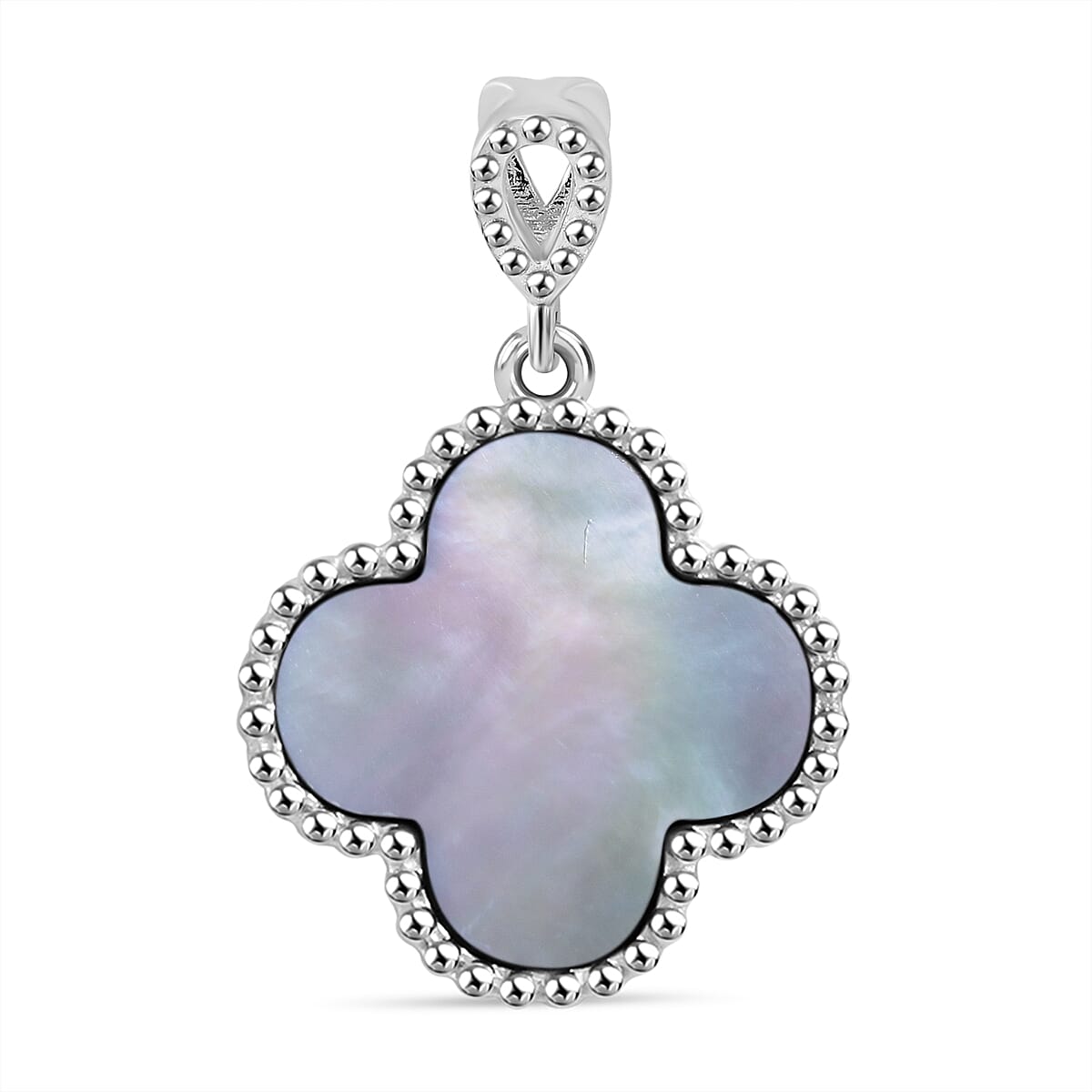 Designer Inspired Mother of Pearl Clover Pendant in Rhodium Overlay Sterling Silver