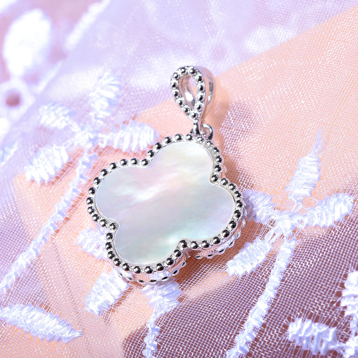 Designer Inspired Mother of Pearl Clover Pendant in Rhodium Overlay Sterling Silver