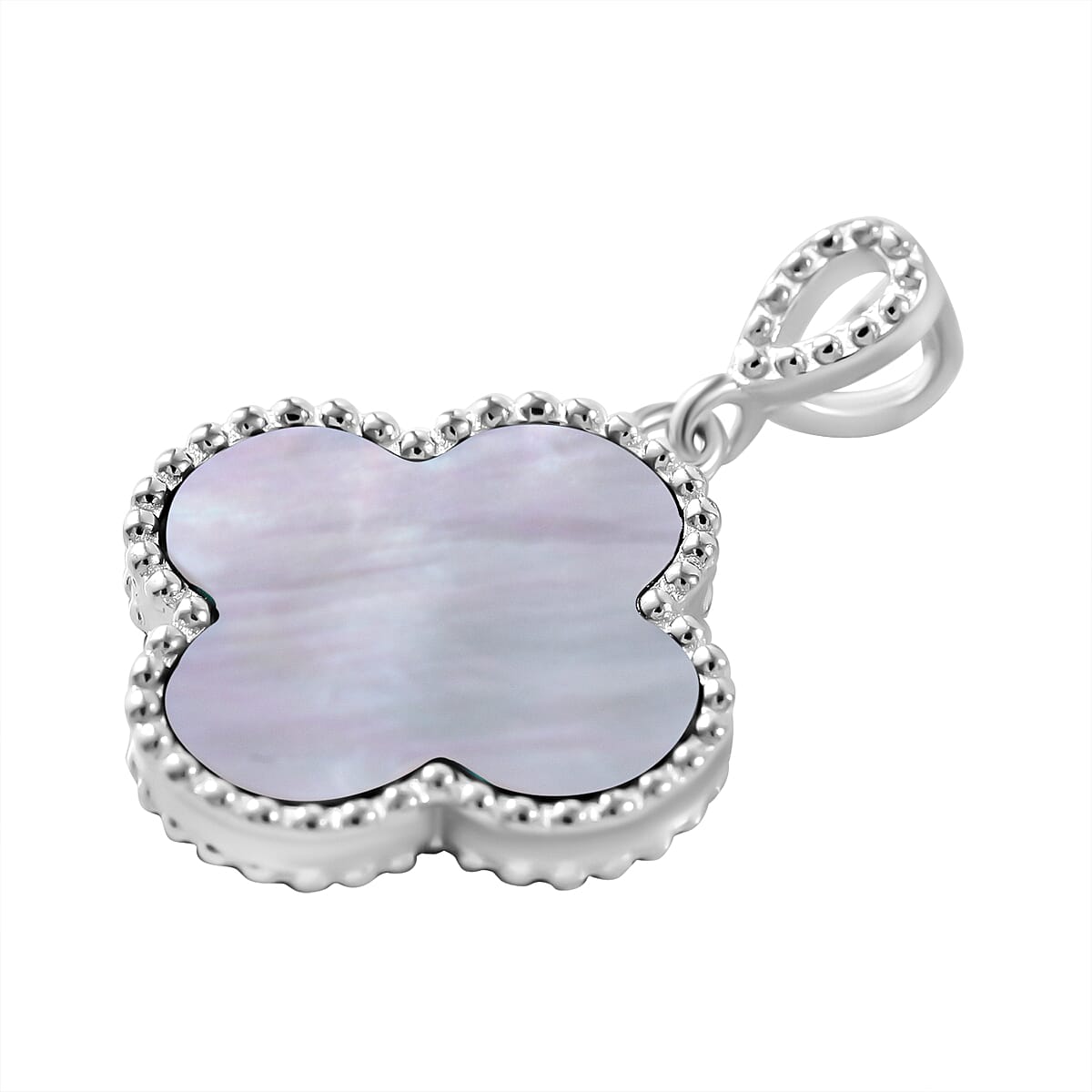 Designer Inspired Mother of Pearl Clover Pendant in Rhodium Overlay Sterling Silver