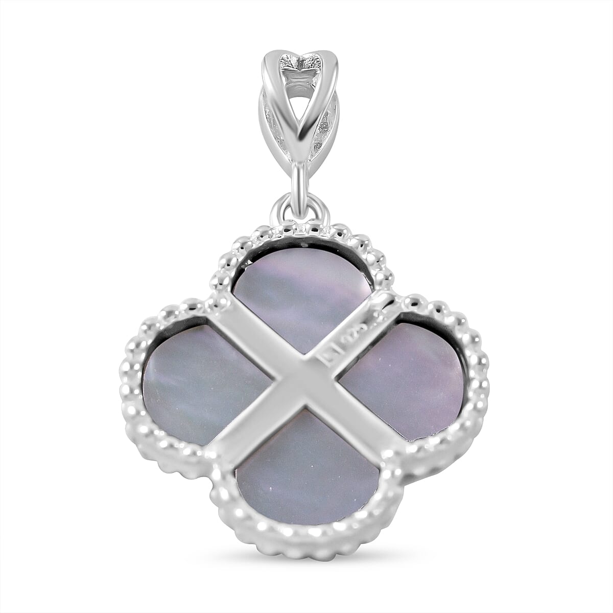 Designer Inspired Mother of Pearl Clover Pendant in Rhodium Overlay Sterling Silver