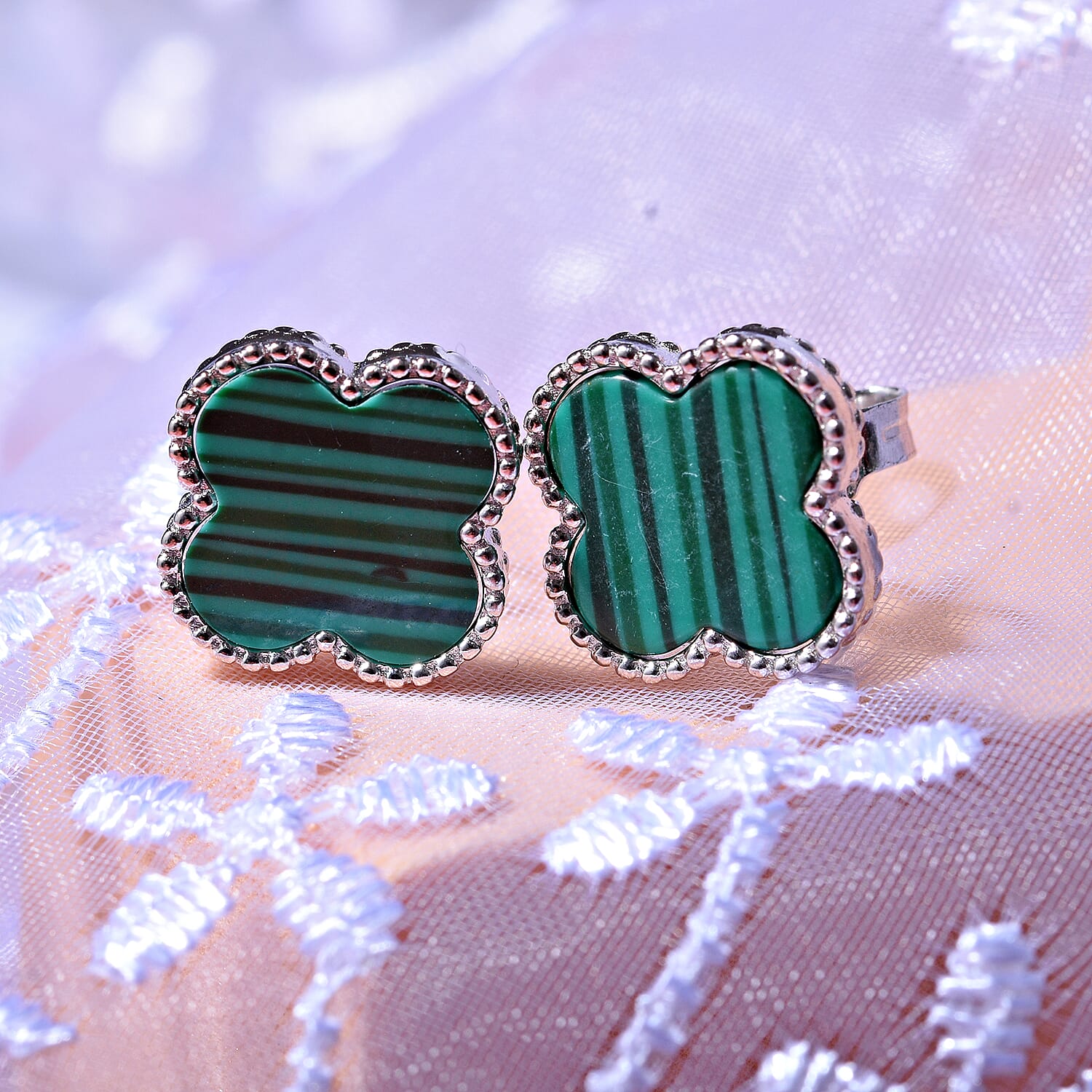 Malachite Earring in rhodium Sterling Silver 5.00 ct 5.000 Ct.