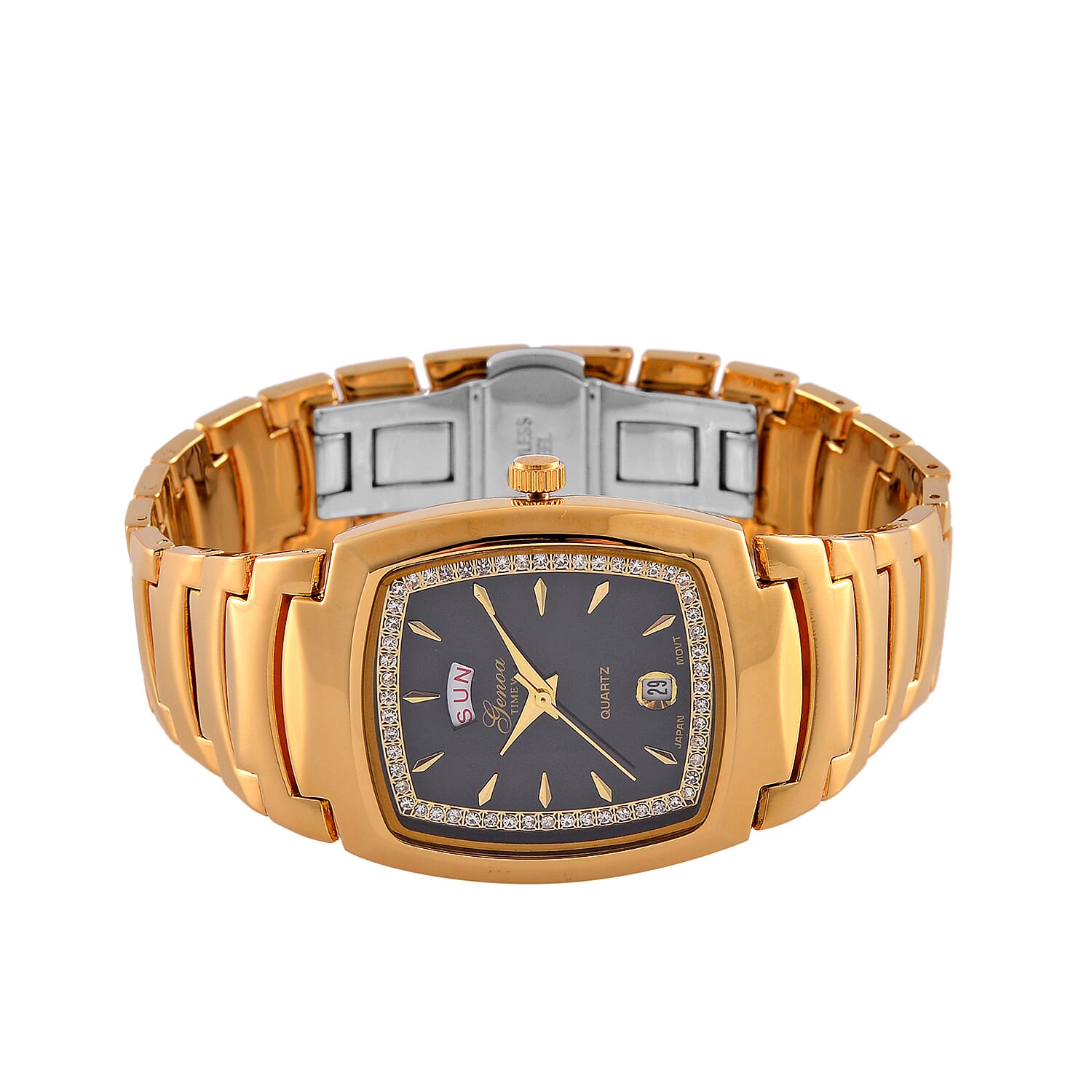 GENOA Japan Movt. 3ATM WR Black Dial Crystal Studded Watch with Stainless Steel Strap