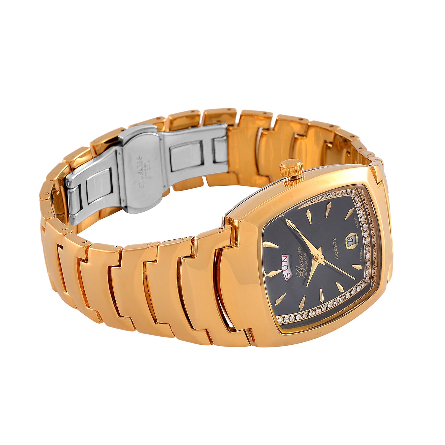 GENOA Japan Movt. 3ATM WR Black Dial Crystal Studded Watch with Stainless Steel Strap