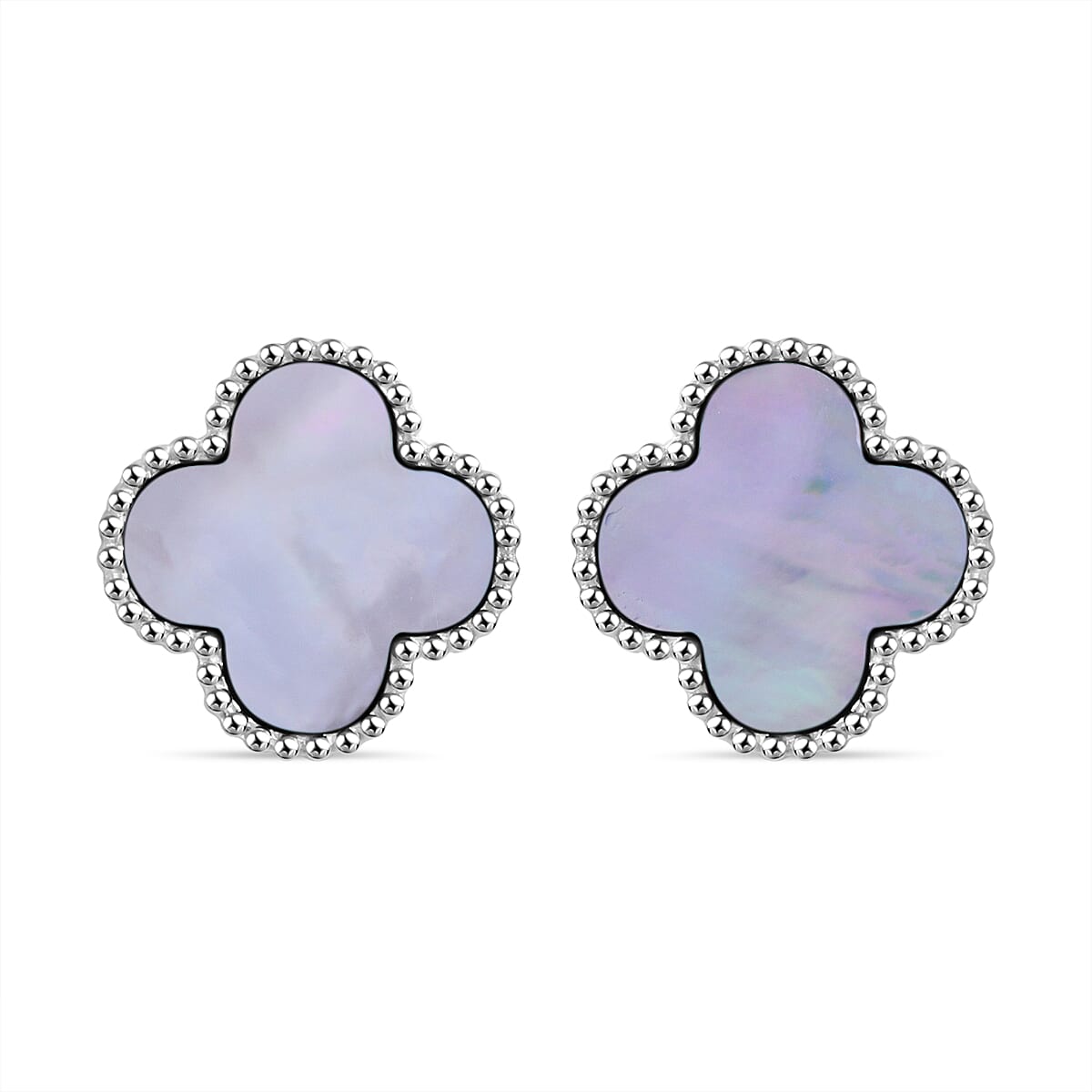 Designer Inspired Mother of Pearl Clover Earrings in Rhodium Overlay Sterling Silver
