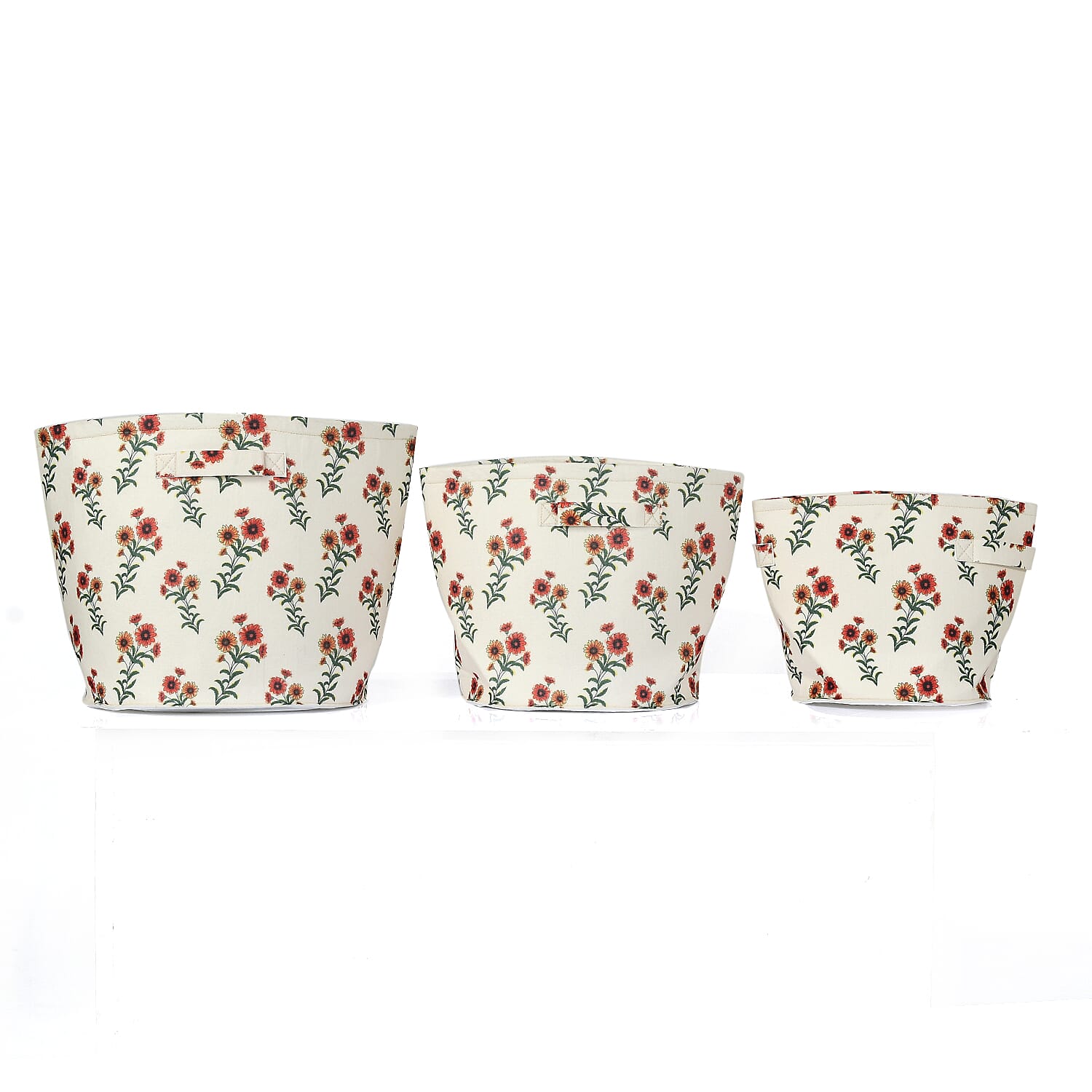 Set Of 3 Red-Orange Flower Printed Round Storage Organizer  - Floral