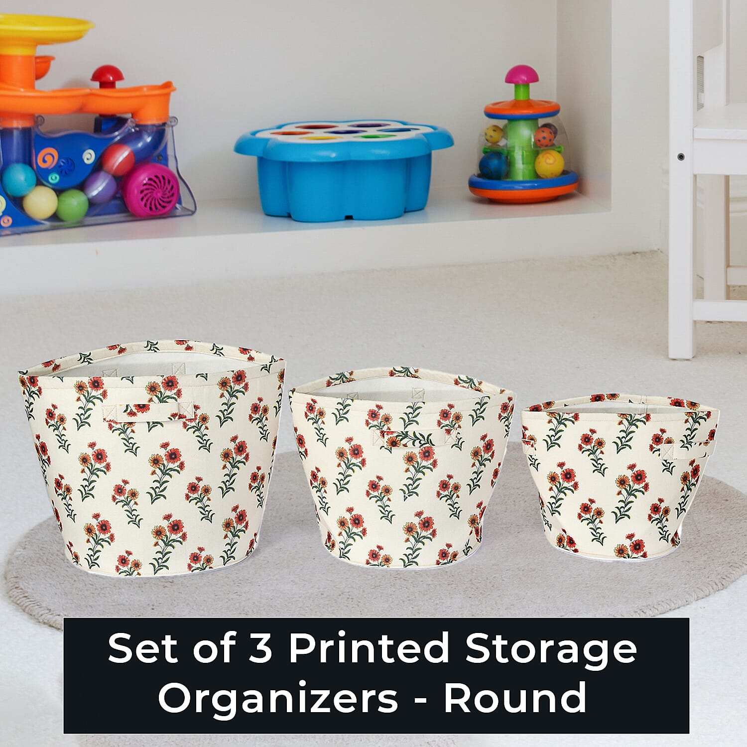 Set Of 3 Red-Orange Flower Printed Round Storage Organizer  - Floral