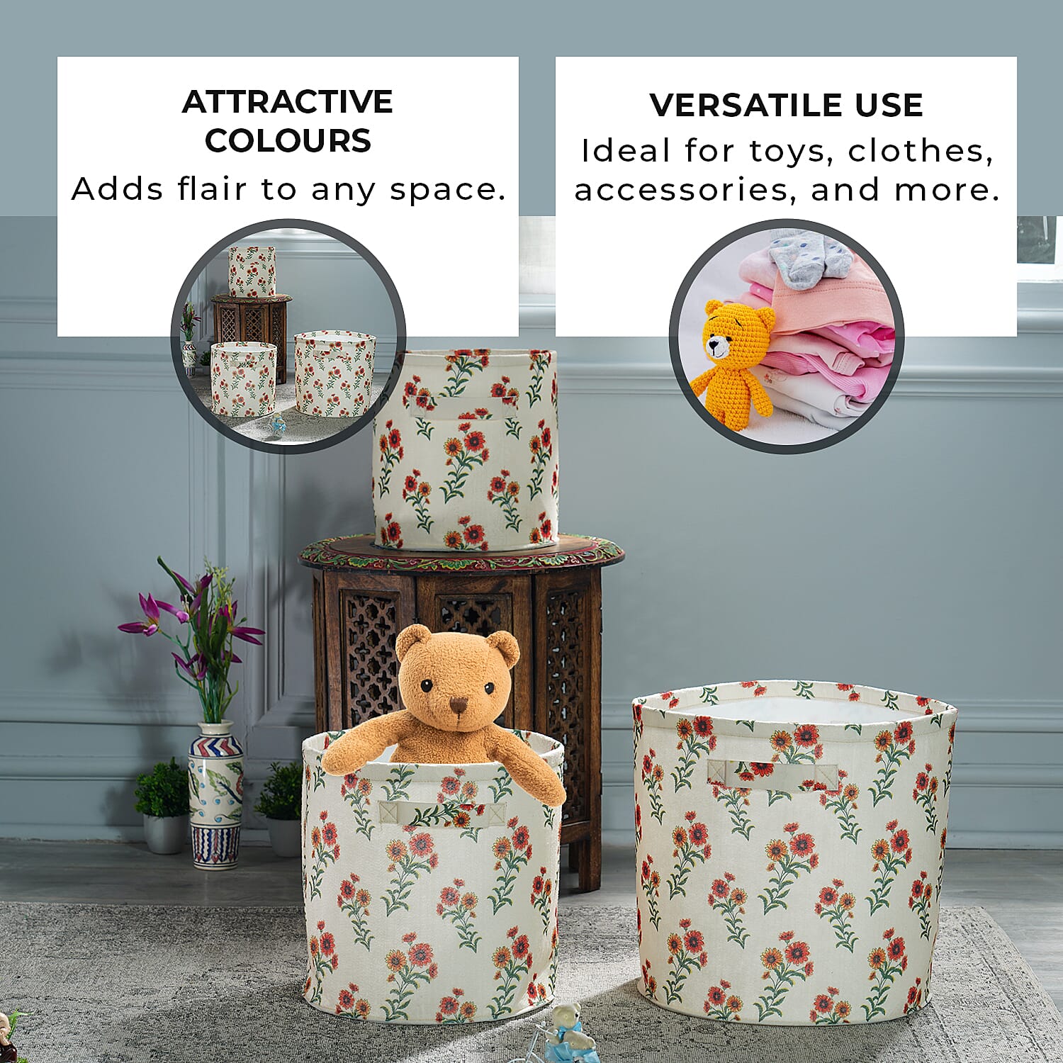 Set Of 3 Red-Orange Flower Printed Round Storage Organizer  - Floral