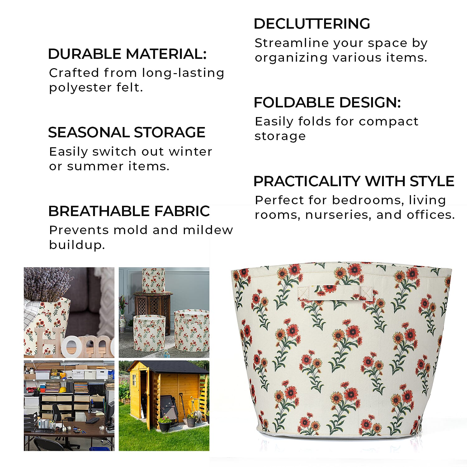 Set Of 3 Red-Orange Flower Printed Round Storage Organizer  - Floral