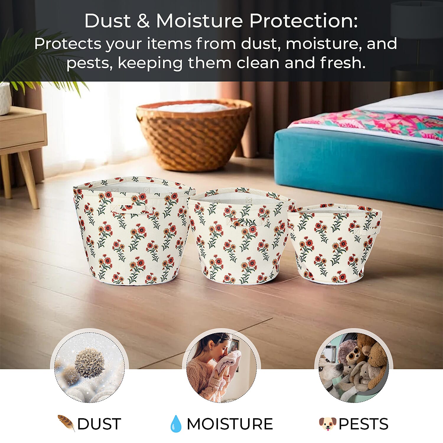 Set Of 3 Red-Orange Flower Printed Round Storage Organizer  - Floral