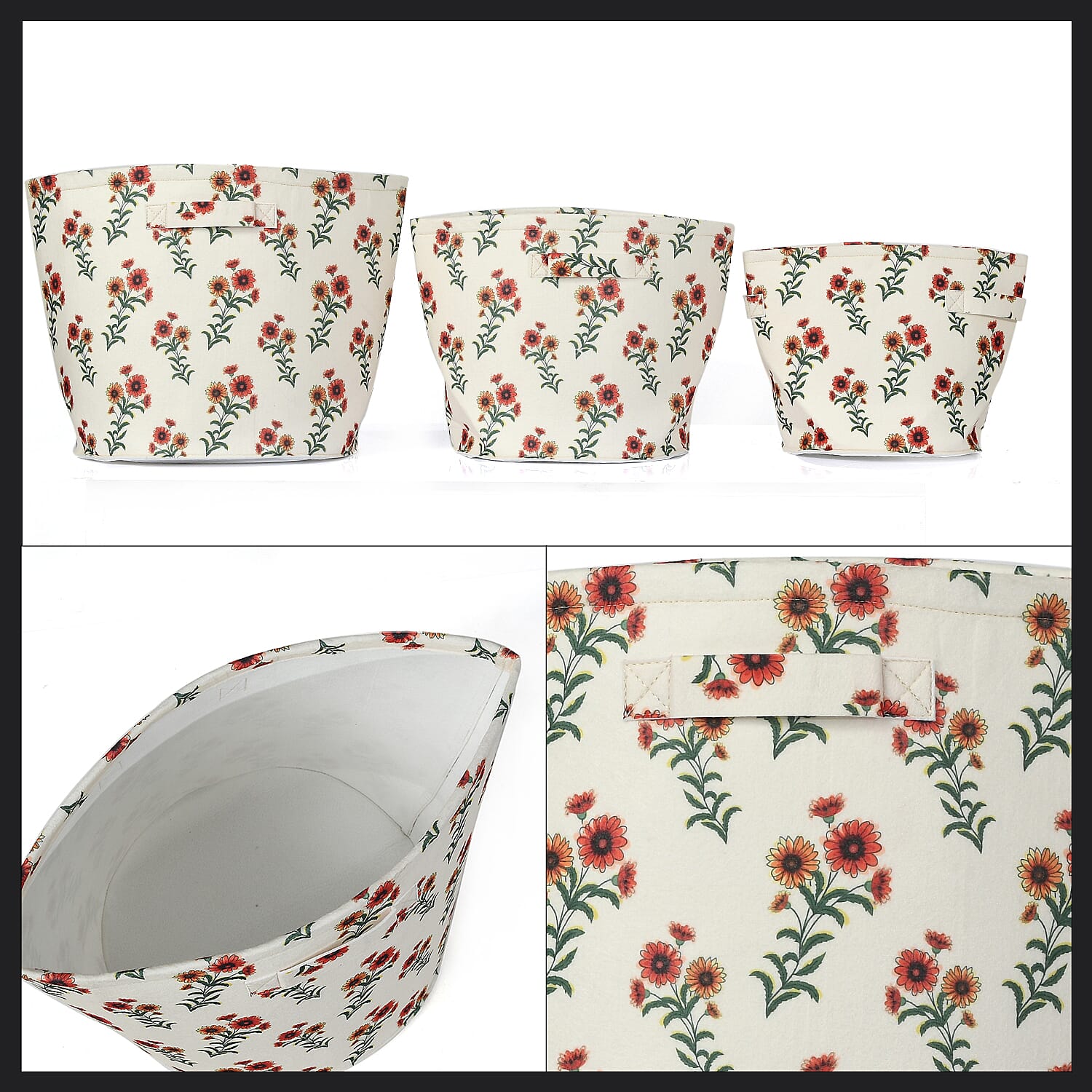 Set Of 3 Red-Orange Flower Printed Round Storage Organizer  - Floral