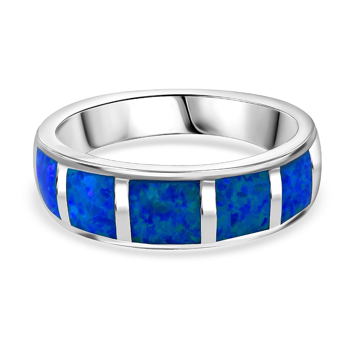 Lab Created Blue Opal Band Ring in Rhodium Overlay Sterling Silver