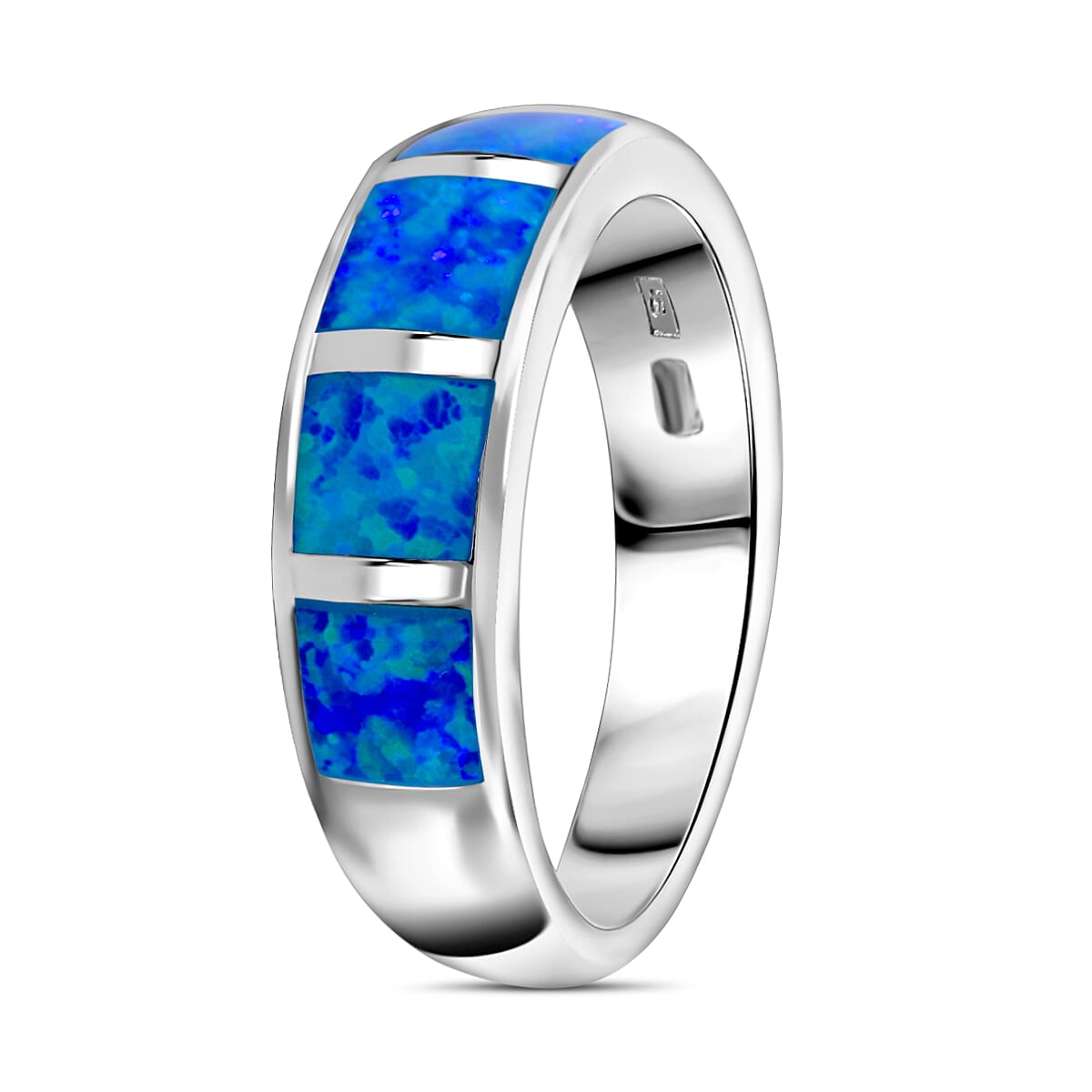 Lab Created Blue Opal Band Ring in Rhodium Overlay Sterling Silver