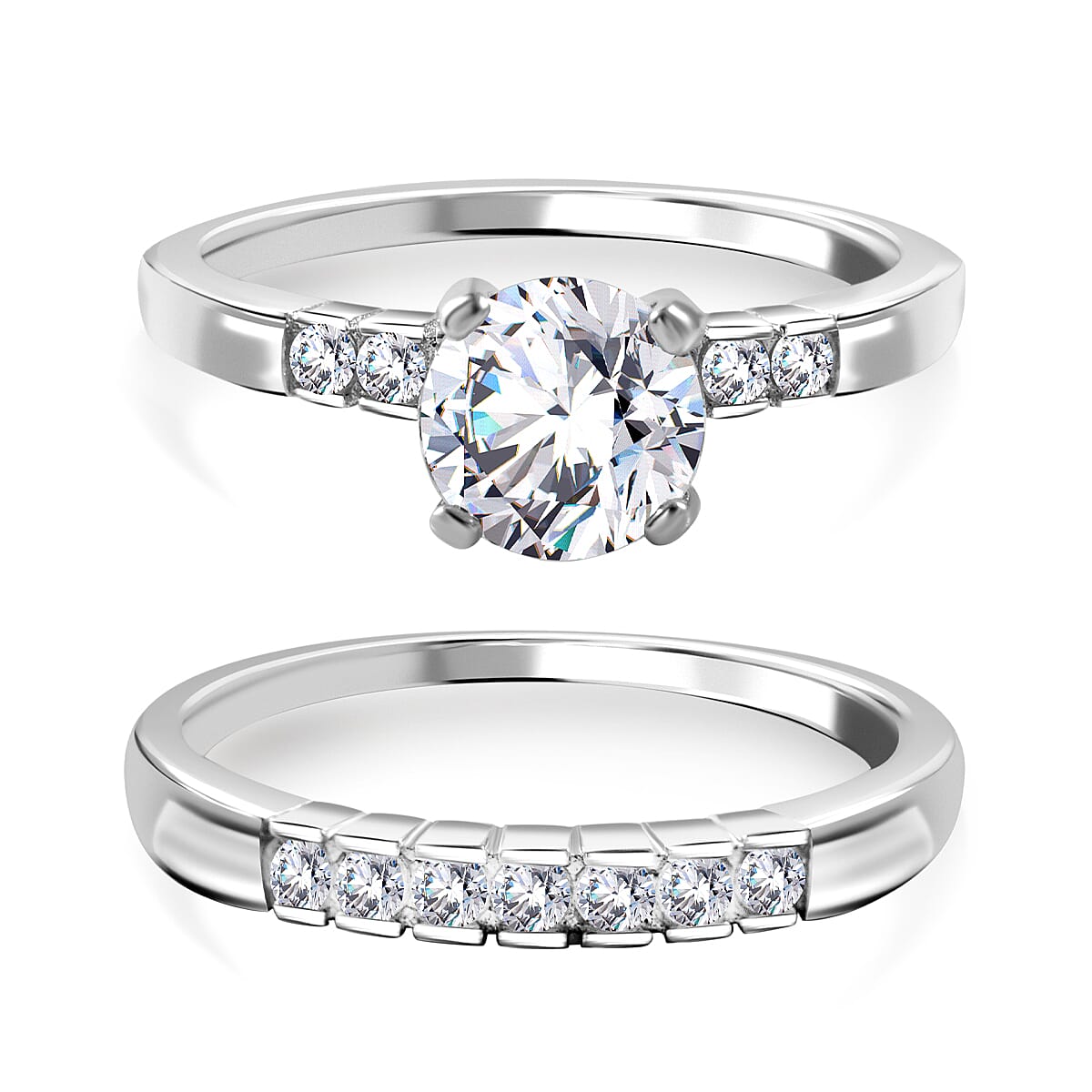 Lustro Stella - Set of 2 - White Cubic Zirconia  Ring in Rhodium Overlay Sterling Silver, Silver Wt. 5.09 Gms