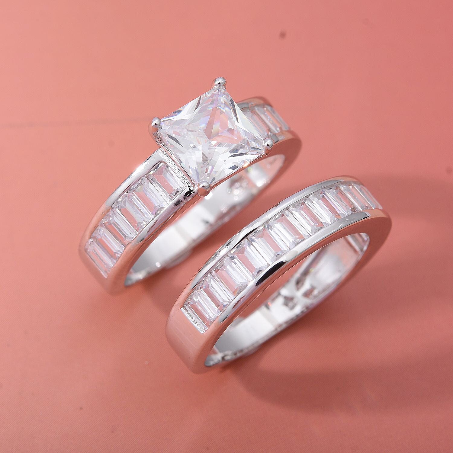 Lustro Stella -Set of 2 - White Cubic Zirconia Ring in Rhodium Overlay Sterling Silver