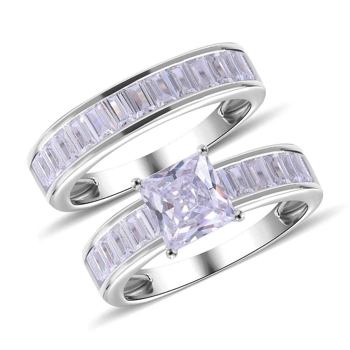 Lustro Stella -Set of 2 - White Cubic Zirconia Ring in Rhodium Overlay Sterling Silver