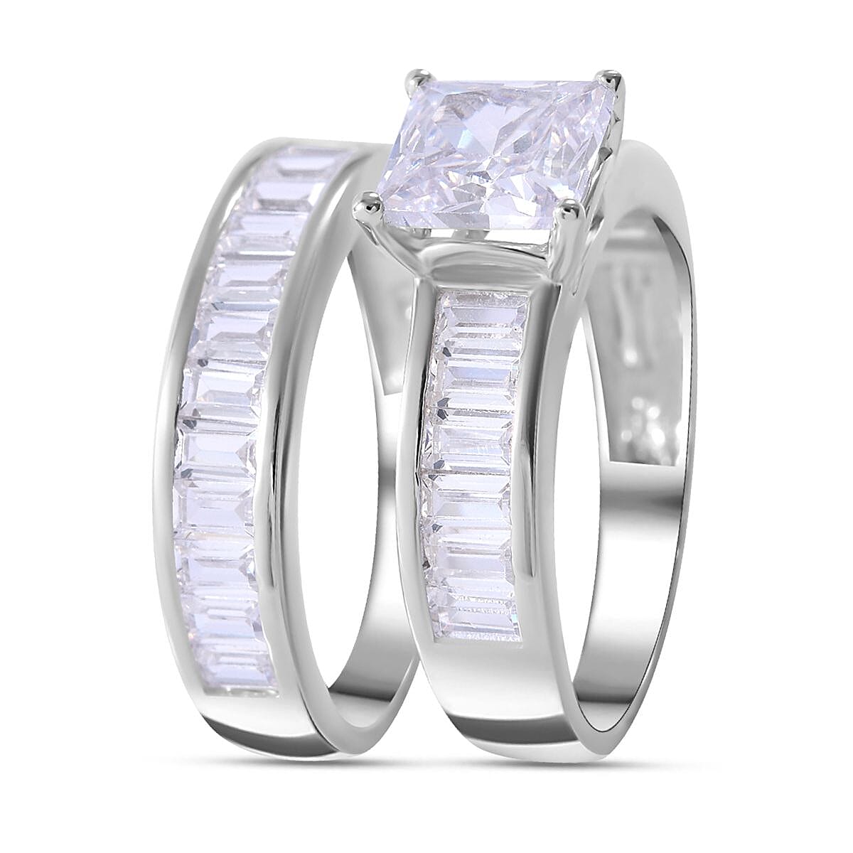 Lustro Stella -Set of 2 - White Cubic Zirconia Ring in Rhodium Overlay Sterling Silver