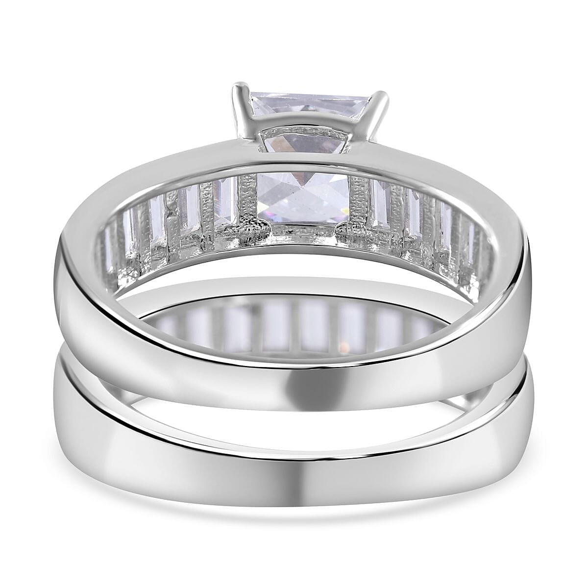 Lustro Stella -Set of 2 - White Cubic Zirconia Ring in Rhodium Overlay Sterling Silver