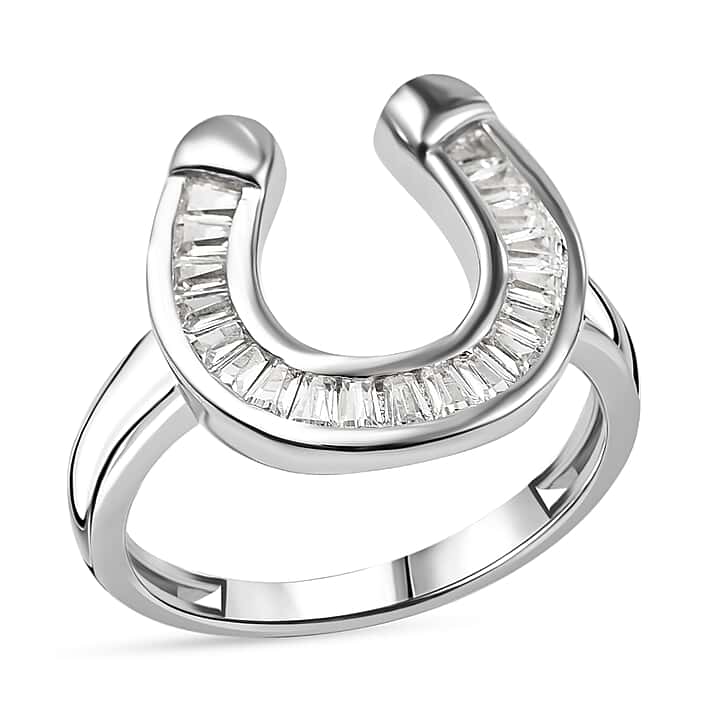 White Cubic Zirconia Horseshoe Ring in Rhodium Overlay Sterling Silver, 0.820 Ct.