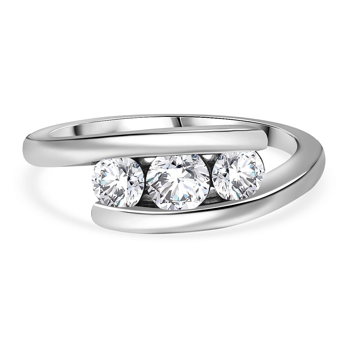White Cubic Zirconia 3 Stone Bypass Ring in rhodium Sterling Silver