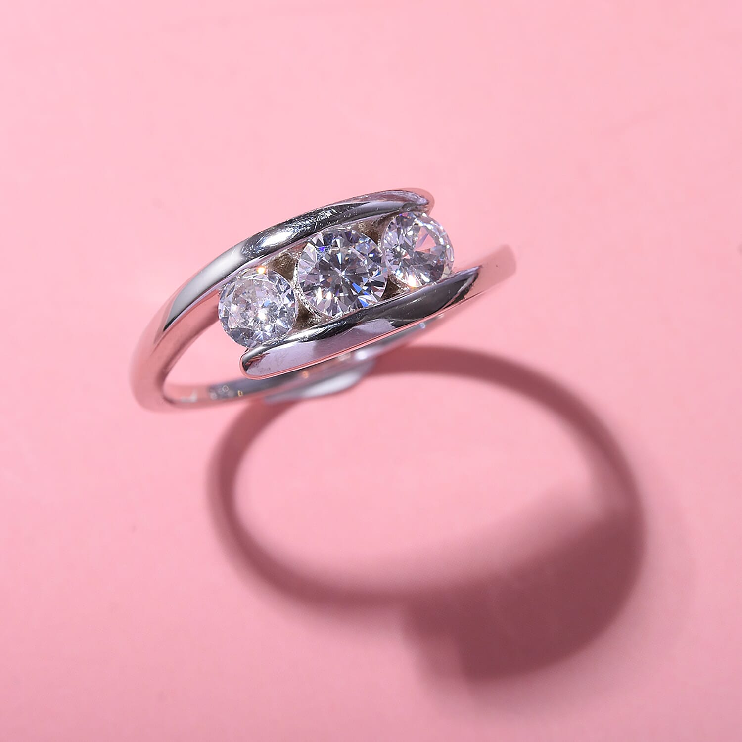 White Cubic Zirconia 3 Stone Bypass Ring in rhodium Sterling Silver