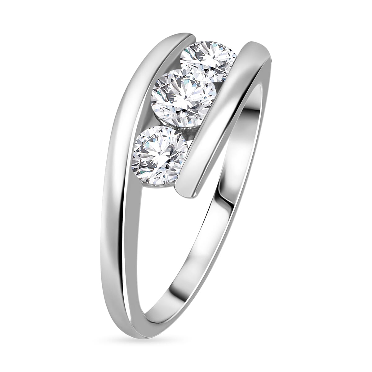 White Cubic Zirconia 3 Stone Bypass Ring in rhodium Sterling Silver