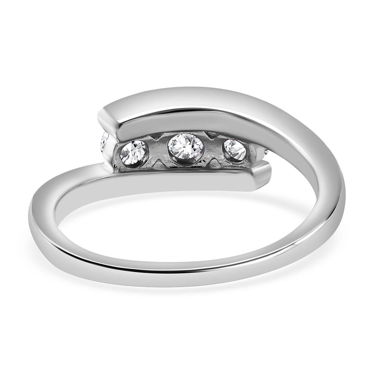 White Cubic Zirconia 3 Stone Bypass Ring in rhodium Sterling Silver