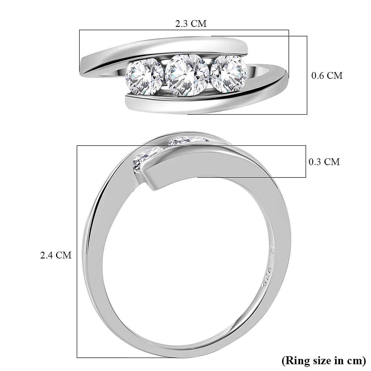 White Cubic Zirconia 3 Stone Bypass Ring in rhodium Sterling Silver
