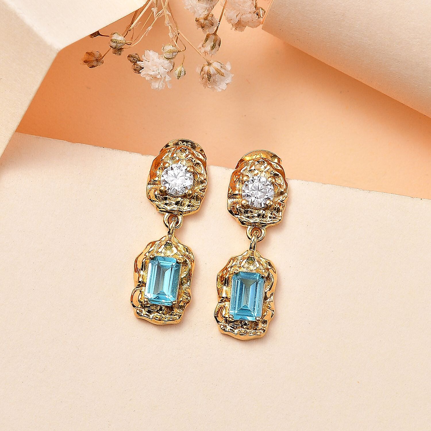 Blue Lagoon Apatite ,  Moissanite  Solitaire Stud Push Post Earring in 18K YG Vermeil Sterling Silver  1.740  Ct.