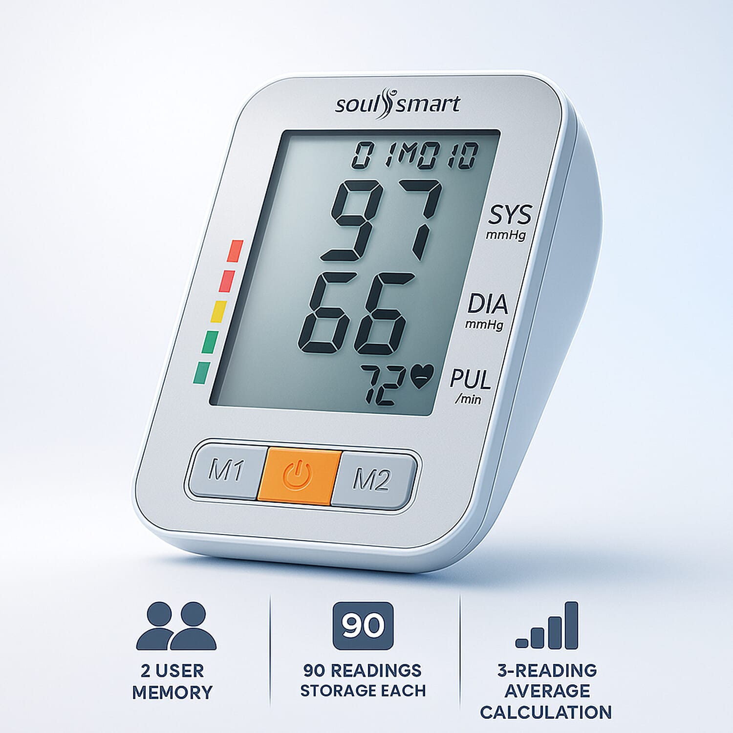 Soul Smart Blood Pressure Monitor - Stores 90 sets of memory for two users each, Calculates average for the latest 3 readings