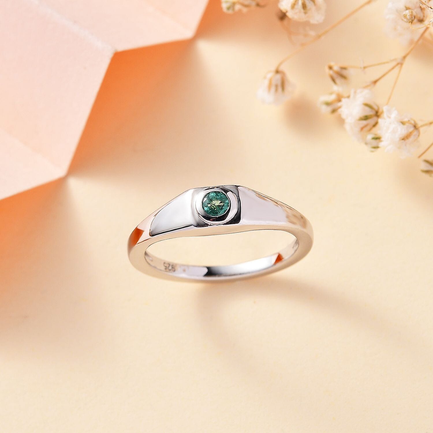 Emerald Solitaire Ring in Platinum Overlay Sterling Silver