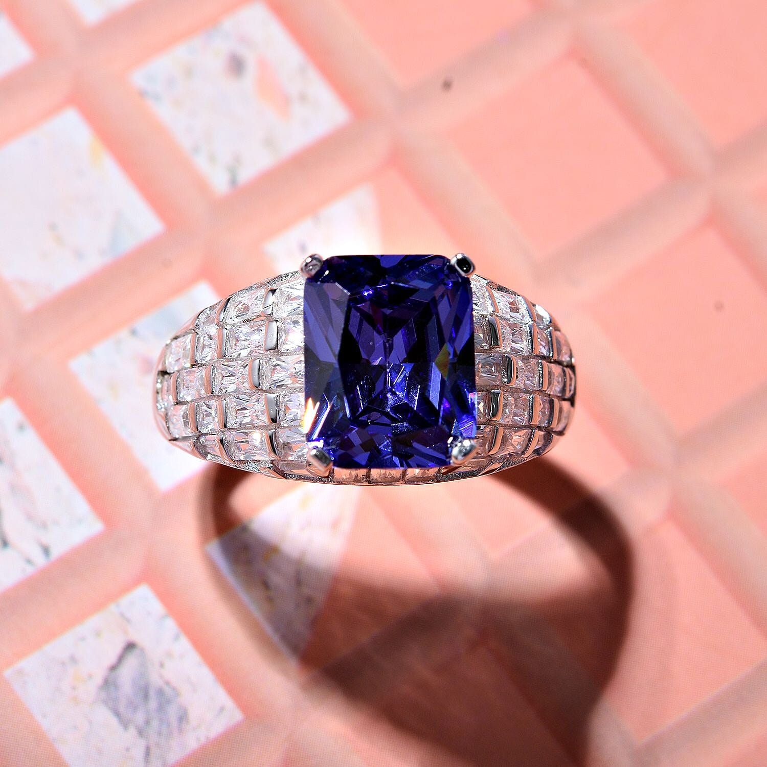 Blue & White Cubic Zirconia  Ring in Rhodium Overlay Sterling Silver 8.92 Ct