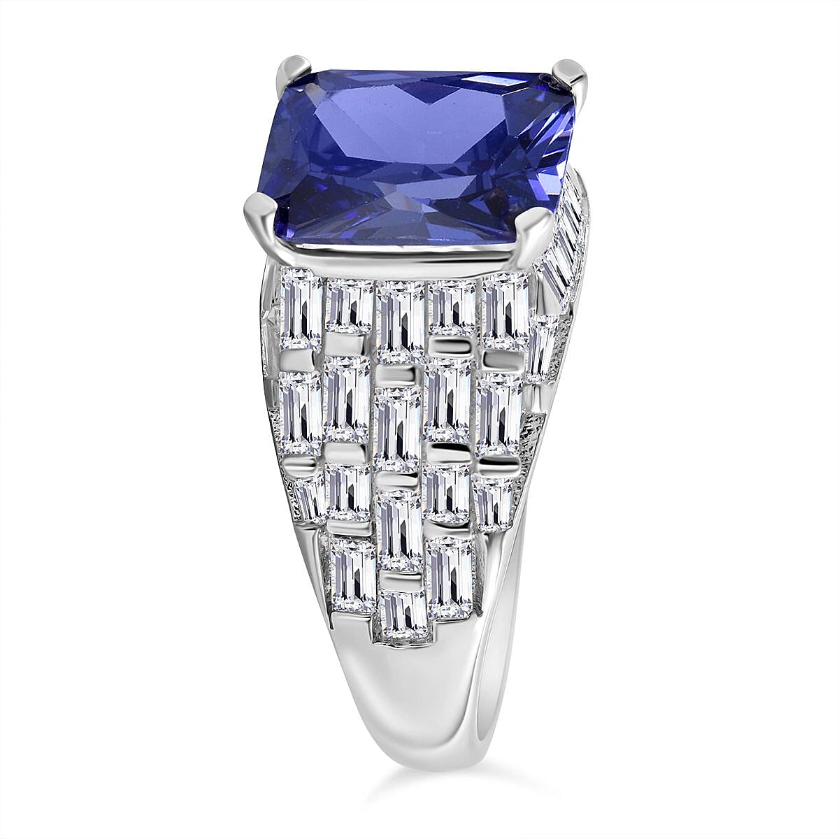 Blue & White Cubic Zirconia  Ring in Rhodium Overlay Sterling Silver 8.92 Ct
