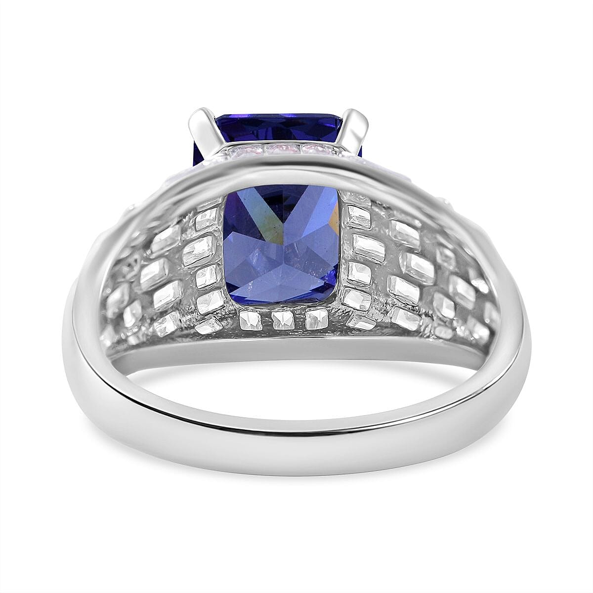 Blue & White Cubic Zirconia  Ring in Rhodium Overlay Sterling Silver 8.92 Ct