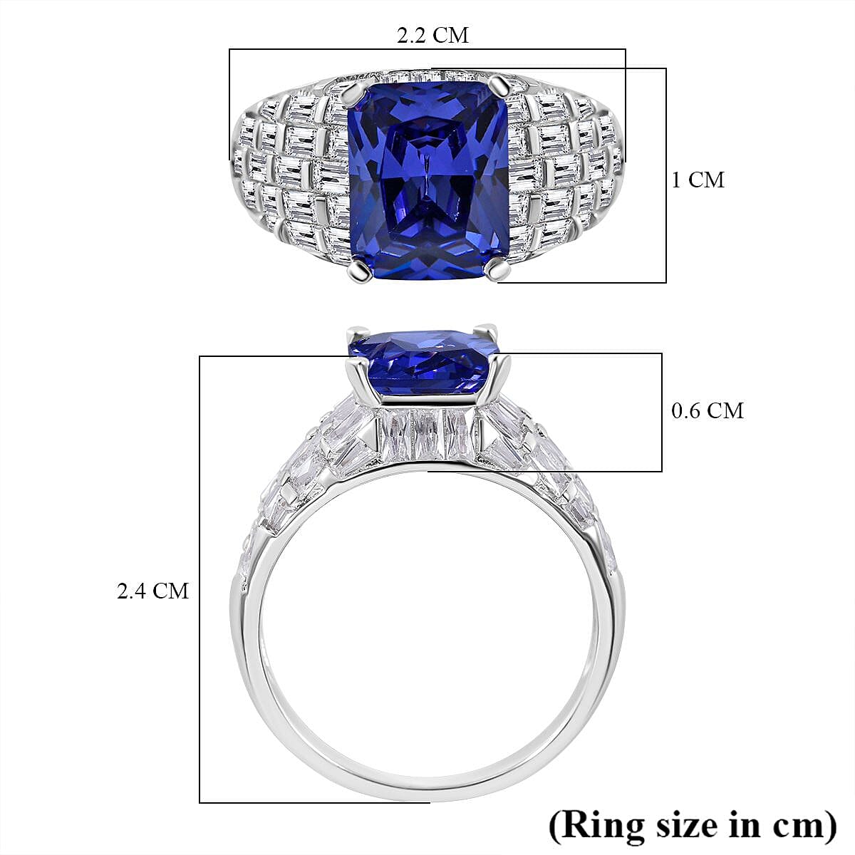 Blue & White Cubic Zirconia  Ring in Rhodium Overlay Sterling Silver 8.92 Ct