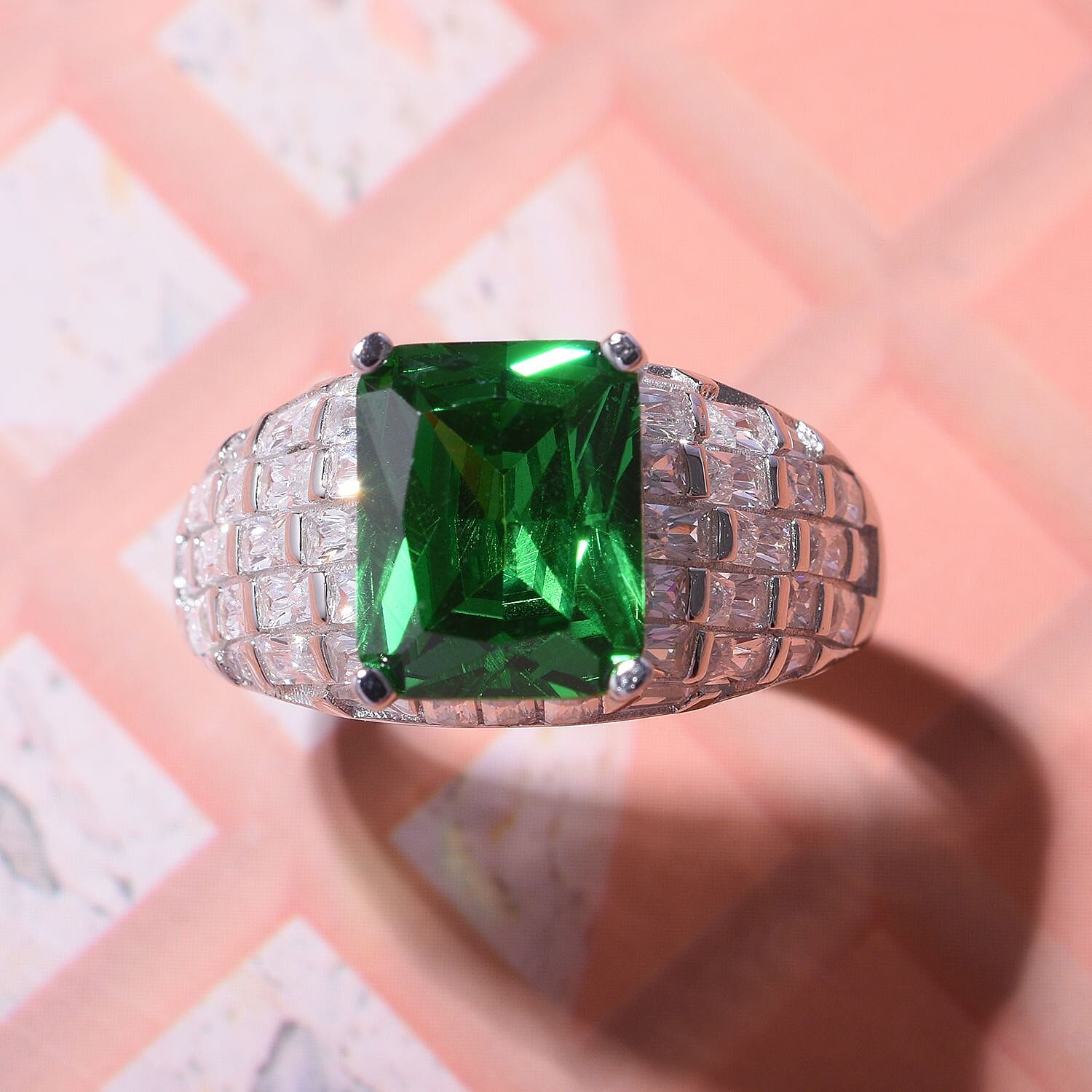 Green & White Cubic Zirconia Ring in Rhodium Overlay Sterling Silver