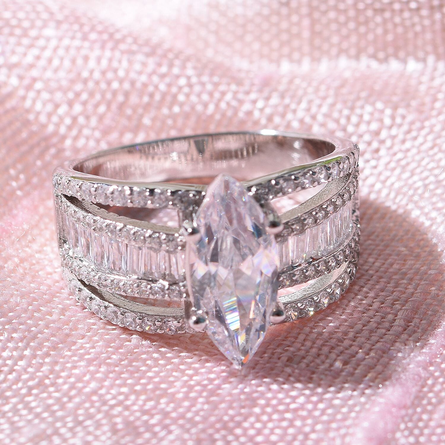 Lustro Stella -White Cubic Zirconia Ring in Rhodium Overlay Sterling Silver