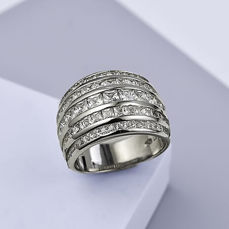Lustro Stella -  Cubic Zirconia Multi Row Band Ring in Rhodium Overlay Sterling Silver 8.74 Gms