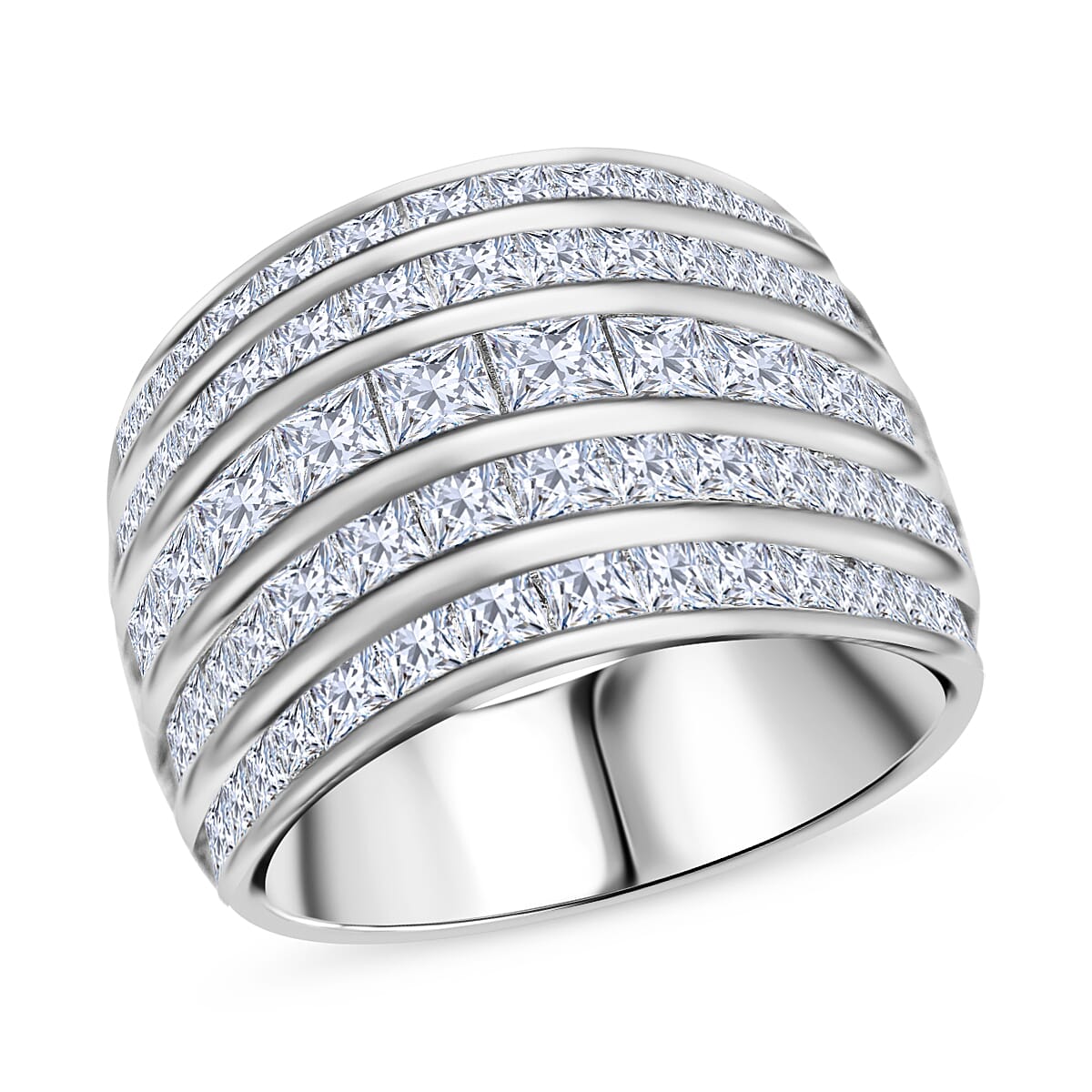 Lustro Stella -  Cubic Zirconia Multi Row Band Ring in Rhodium Overlay Sterling Silver 8.74 Gms
