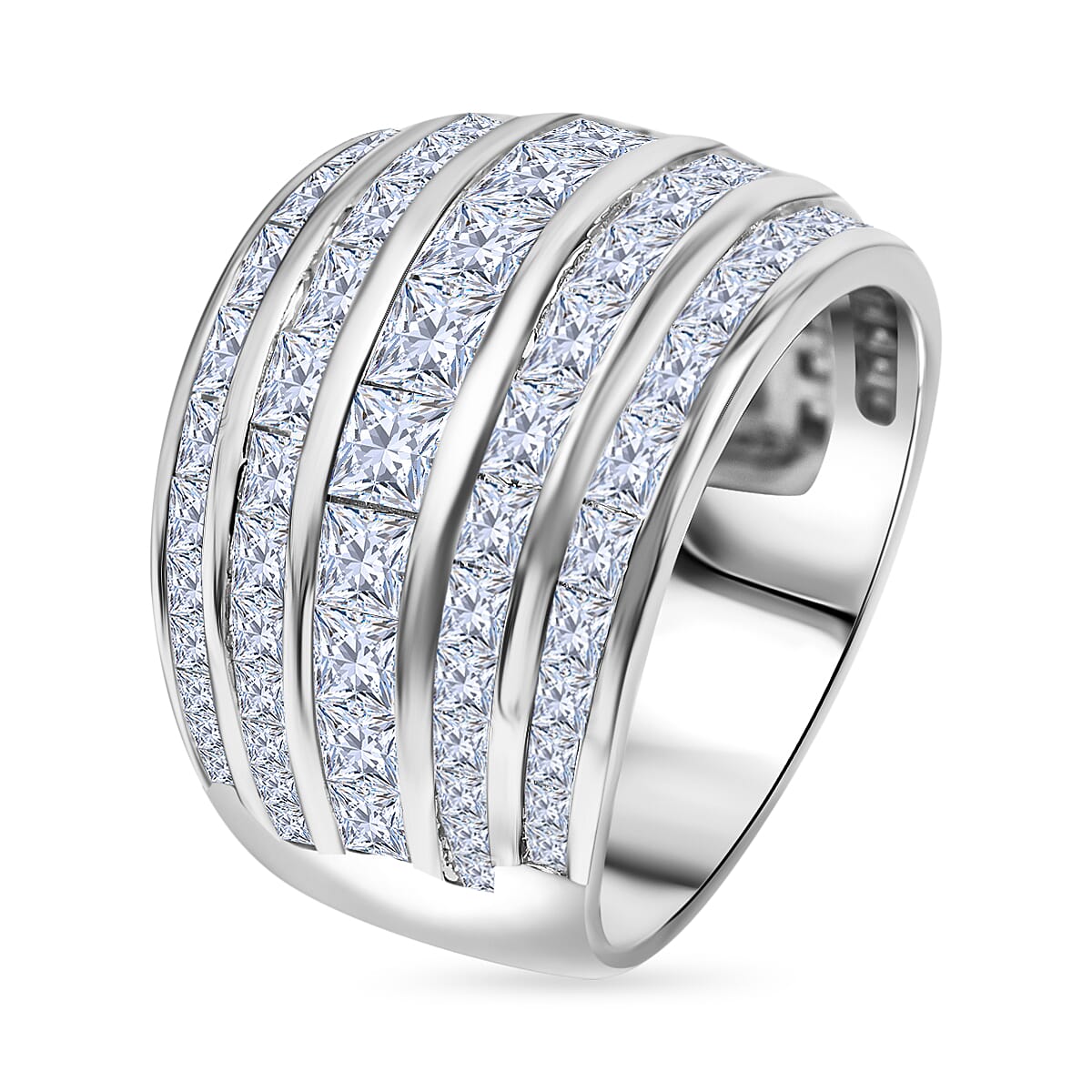 Lustro Stella -  Cubic Zirconia Multi Row Band Ring in Rhodium Overlay Sterling Silver 8.74 Gms