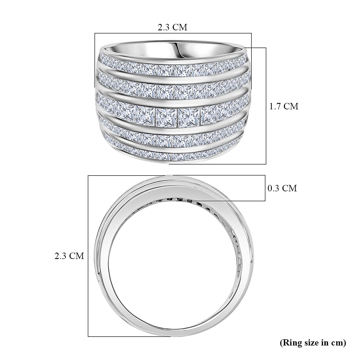 Lustro Stella -  Cubic Zirconia Multi Row Band Ring in Rhodium Overlay Sterling Silver 8.74 Gms