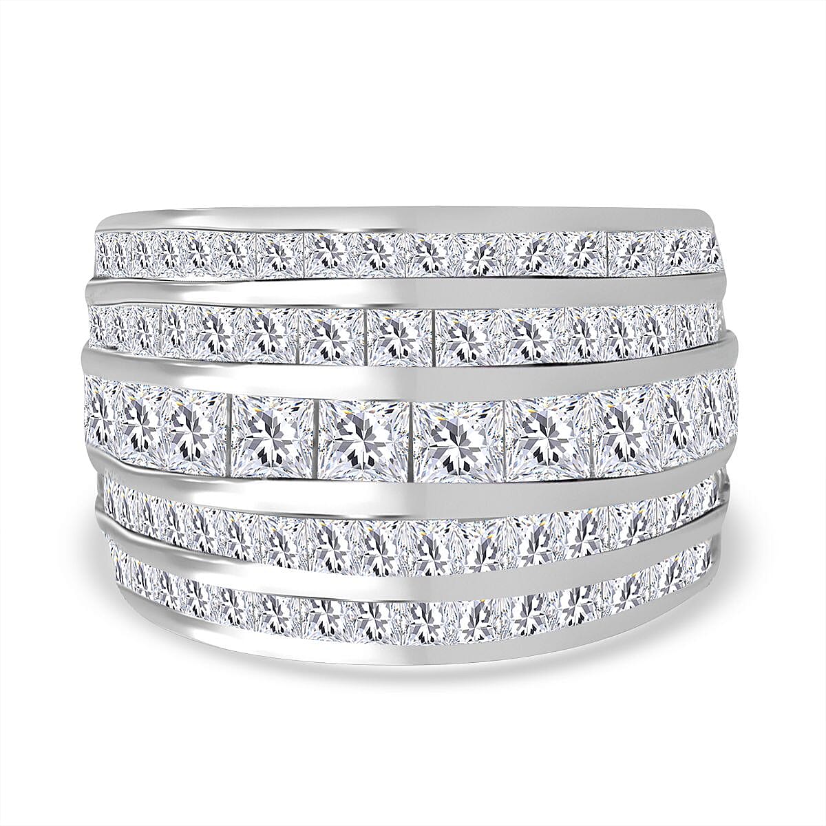 Lustro Stella -  Cubic Zirconia Multi Row Band Ring in Rhodium Overlay Sterling Silver 8.74 Gms