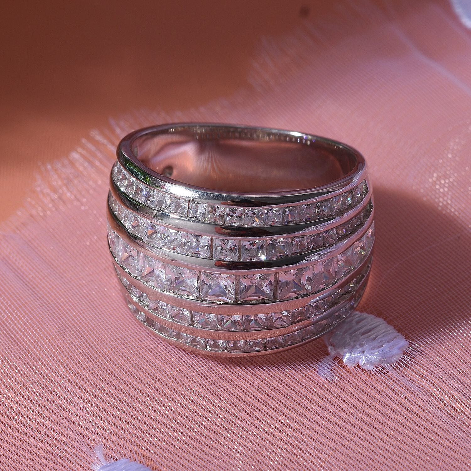 Lustro Stella -  Cubic Zirconia Multi Row Band Ring in Rhodium Overlay Sterling Silver 8.74 Gms