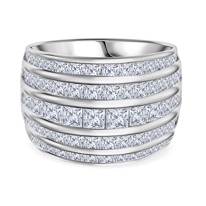 Lustro Stella - Cubic Zirconia Multi Row Band Ring in Rhodium Overlay Sterling Silver 8.74 Gms