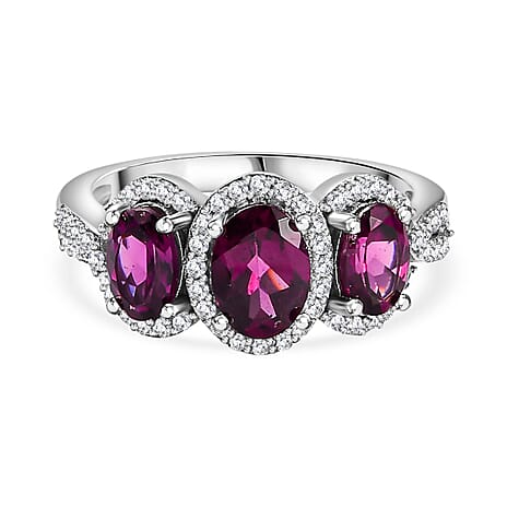 The Tony Diniz Collection - Natural Ember Garnet, Natural White Zircon Trilogy Halo Ring in Rhodium Sterling Silver 2.56 Ct