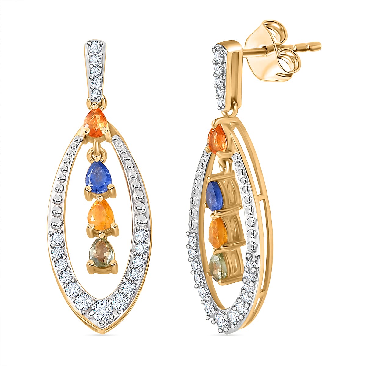 Multi Sapphire & Natural Zircon Earrings With Push Back in 18K Vermeil Yellow Gold Plated Sterling Silver 2.68 Ct