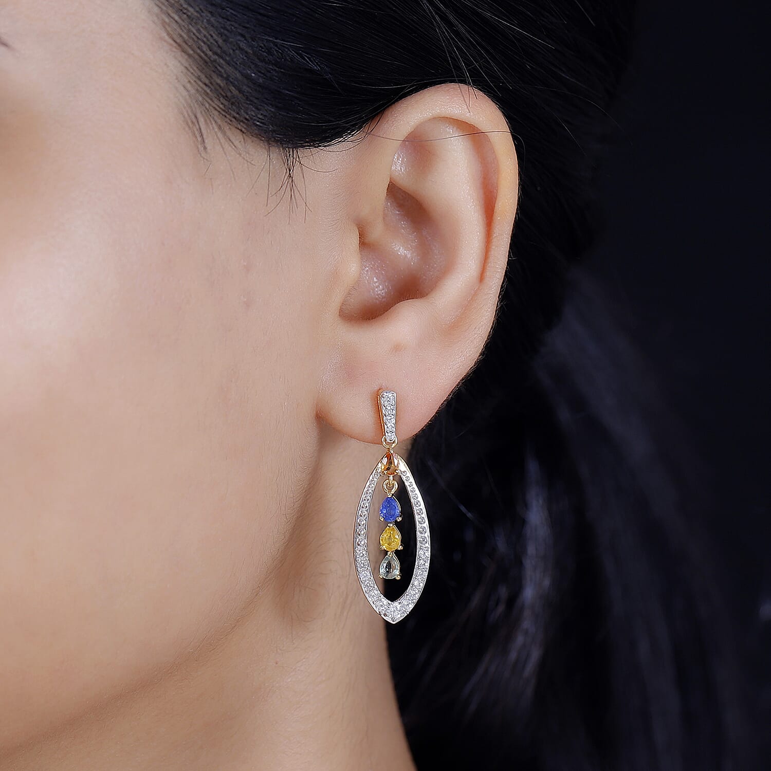 Multi Sapphire & Natural Zircon Earrings With Push Back in 18K Vermeil Yellow Gold Plated Sterling Silver 2.68 Ct