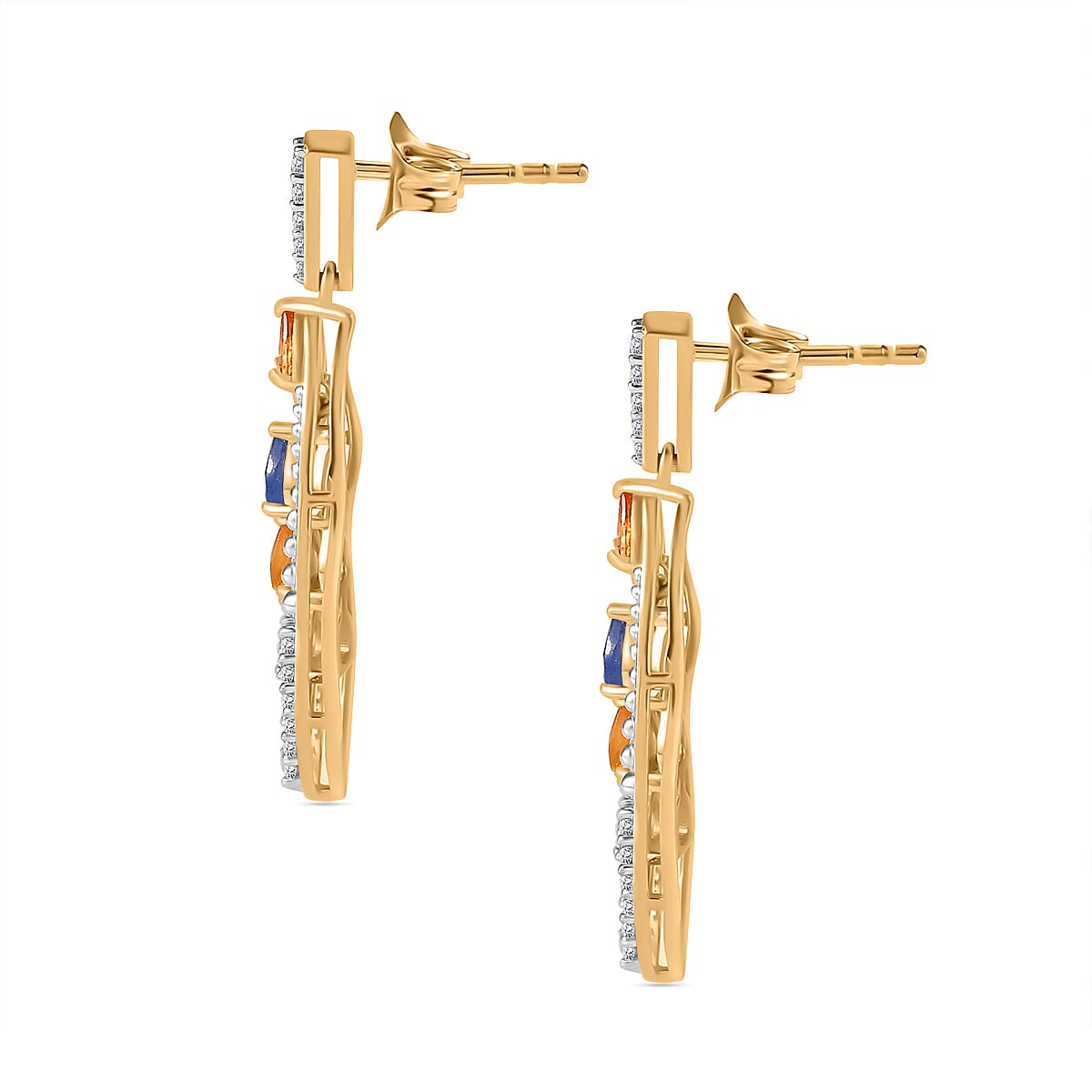 Multi Sapphire & Natural Zircon Earrings With Push Back in 18K Vermeil Yellow Gold Plated Sterling Silver 2.68 Ct