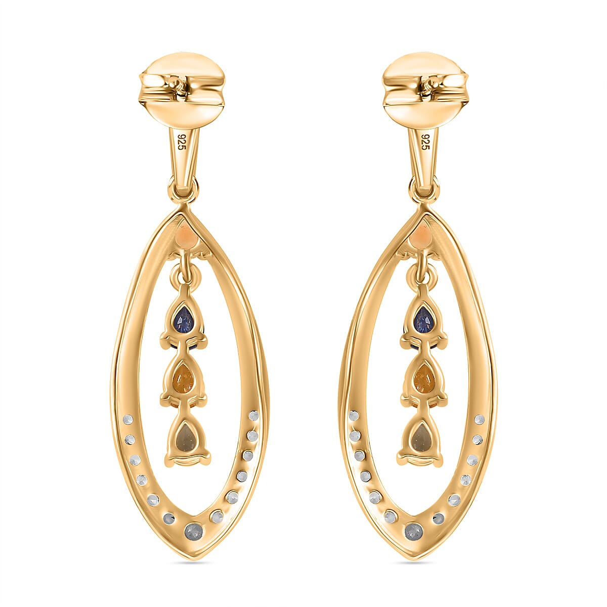 Multi Sapphire & Natural Zircon Earrings With Push Back in 18K Vermeil Yellow Gold Plated Sterling Silver 2.68 Ct